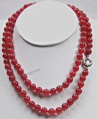 Long 50'' 8mm Red Ruby Round Beads Gemstones Hand Knotted Necklace
