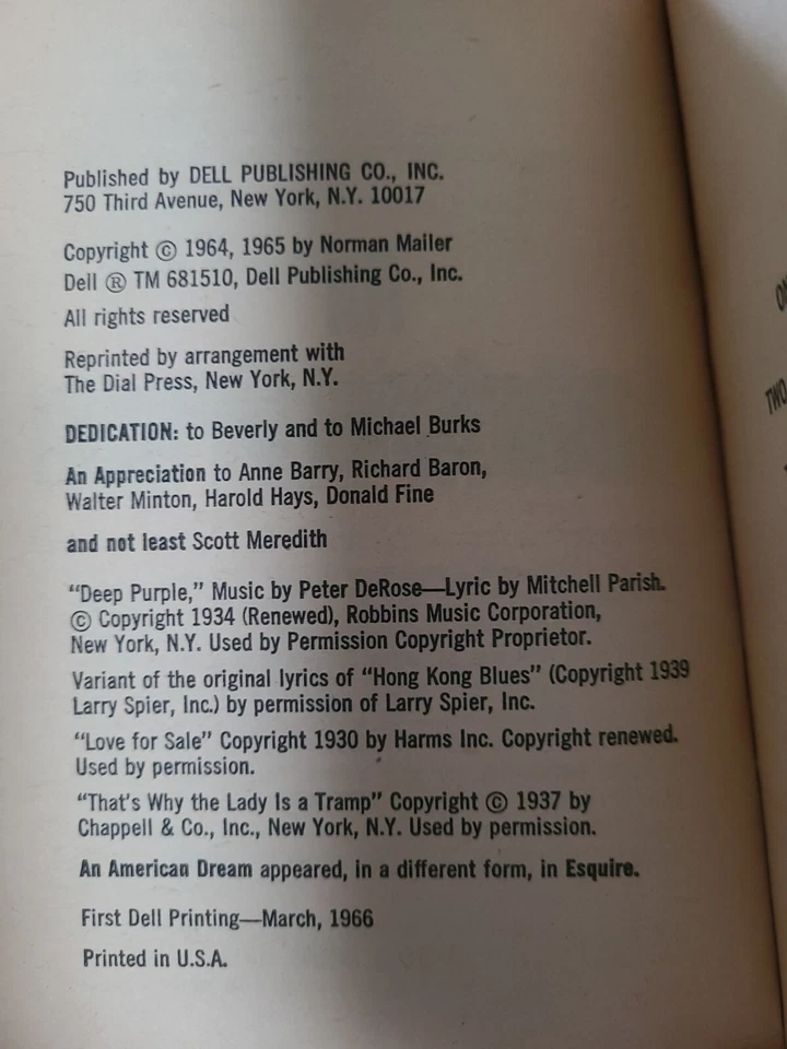 An American Dream Norman Mailer 1966 First Dell Printing Paperback {J3} - Image 4 of 4