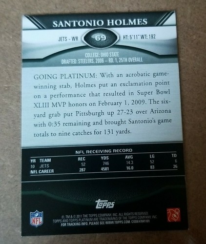 2011 Topps Platinum #69 Santonio Holmes - New York Jets - Picture 2 of 2