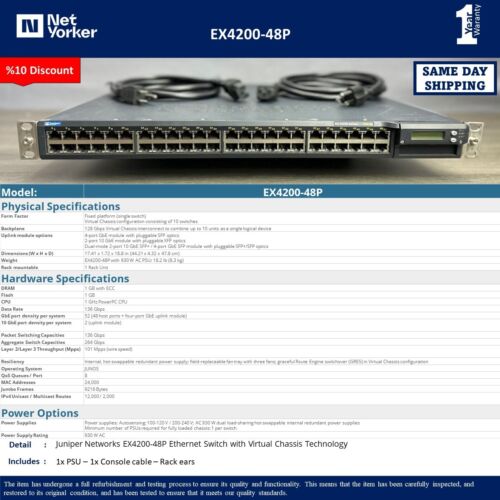 Juniper EX4200-48P 48 Port PoE Switch EX 4200 - Same Day Shipping* - Afbeelding 1 van 7