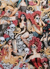 Alexander Henry Fabric "Las Elegantes" Bright skulls NEW By the Yard 36"
