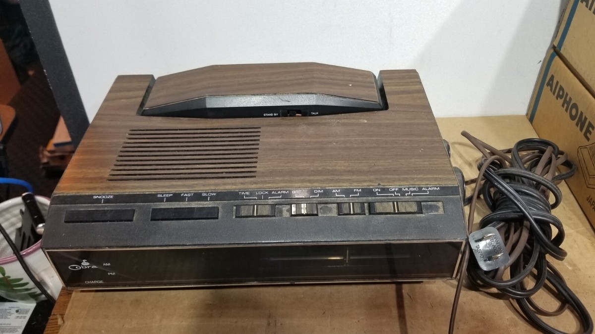 Vintage COBRA Telephone Alarm Clock Radio Phone Faux Wood Walnut
