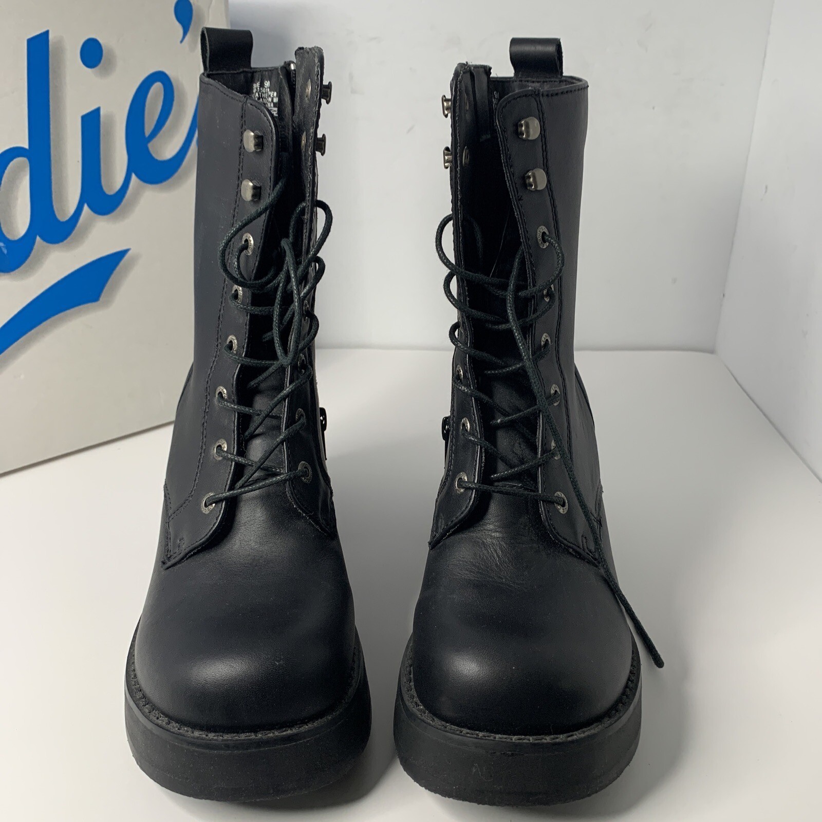 New Vintage Candies Blk Leather Combat Platform Chunky 90s Y2K Lace Up