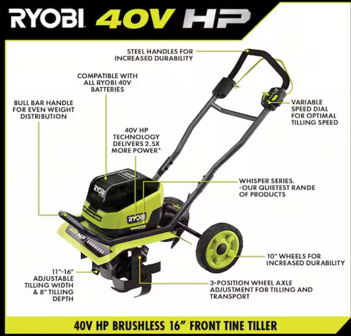 RYOBI 40V Brushless 16in. Front Tine Tiller with Battery & Charger New (RY40730)