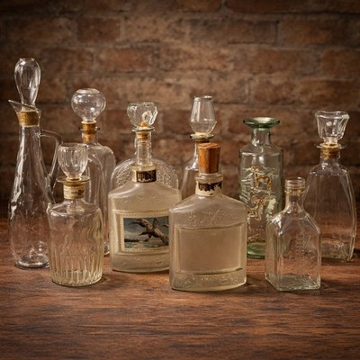MCM Embossed Glass Decanter Bottles Bourbon Whiskey Beam Fitzgerald Mancave Lot
