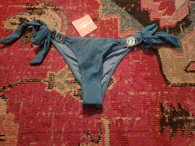 NEW NWT Moda Minx  blue lurex brazillian jeweled side tie bikini bottom womens L
