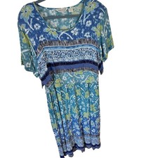 Vtg Womens Maxi Dress CASUAL STUDIO Rayon Hawaiian Blue Short Sleeve Y2K Pockets