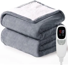 Heated Twin Blanket 62x84 Electric 9 Heat Levels 10 Timer Modes Auto-Off - Grey