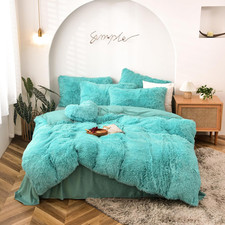 5 PCS Shaggy Duvet Cover Bedding Set - Long Faux Fur Luxury Ultra Soft Aqua, Fu