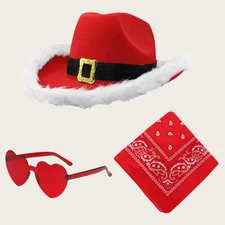 Red Unisex Christmas Cowboy Hat Set With Upturned Brim and Fluffy Feathers