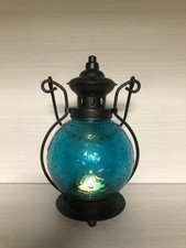 Pier 1 Imports Blue Glass Hanging Lantern Black Metal Tealight Candle Holder 11”