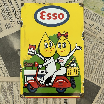 #ad #ad VINTAGE ESSO BOY amp; GIRL MOTORCYCLE MOTOR OIL 8X12 INCHES PORCELAIN ENAMEL SIGN $108.31