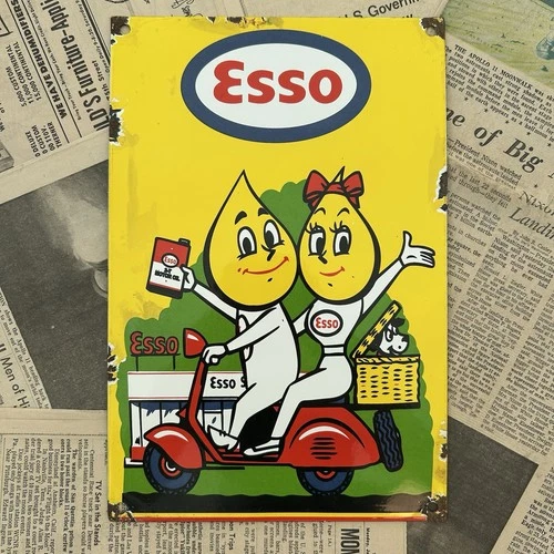 VINTAGE ESSO BOY & GIRL MOTORCYCLE MOTOR OIL 8X12 INCHES PORCELAIN ENAMEL SIGN