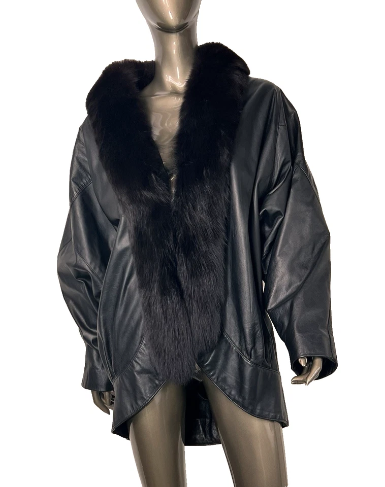 Jacqueline Ferrar Coat Womens Large Tuxedo Fox Fur Black Leather Jacket - Image 4 of 4