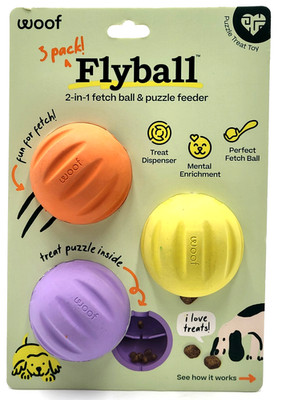 Woof Flyball M/L Durable Treat Dispensing 3-Pack Balls Dog Fetch Toy 2.5''