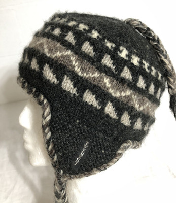 Everest Designs 100% Wool Knit Hat Earflaps Tassel Fleece Lined Nepal Gray Black