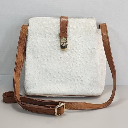 Valentina Italian Leather Cream & Brown Ostrich Print Cross Body Bag Purse - Picture 1 of 13