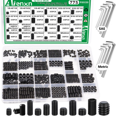 775PCS Metric +SAE Set Screw Assortment Kit, Hex Socket Head Cup Point Set Sc...