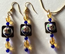 GOLD FLORAL SQUARE Handmade NECKLACE  EARRING SET 24  Chain Wear Everyday  Beaded