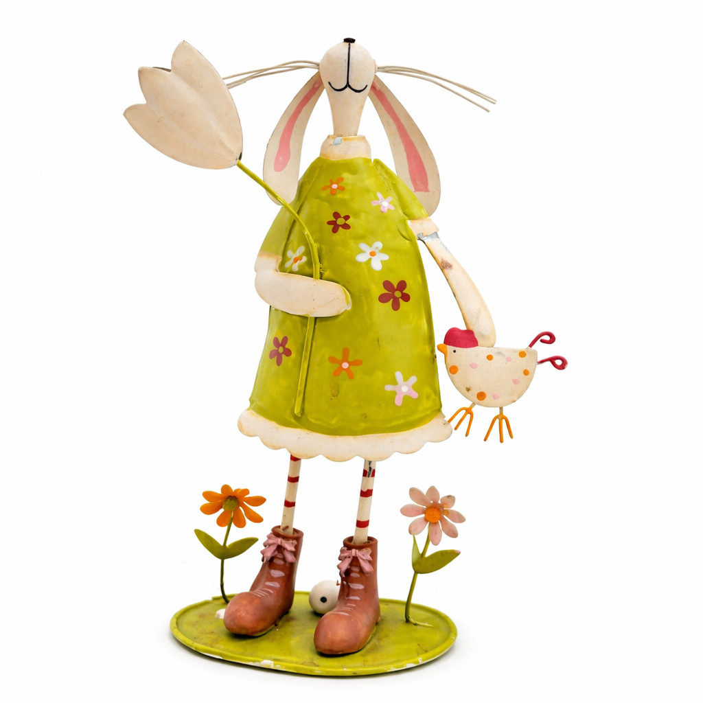 Whimsical Wobble Bunny Figurine Spring Easter Farmhouse Decor Metal Rabbit Chick