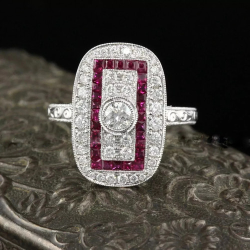 Art Deco Style Lab Created Diamond & Ruby Engagement 14K White Gold Finish Ring