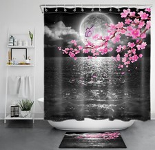 Ocean Starry Sky Full Moon Pink Flroal Shower Curtain Bathroom Accessories Set