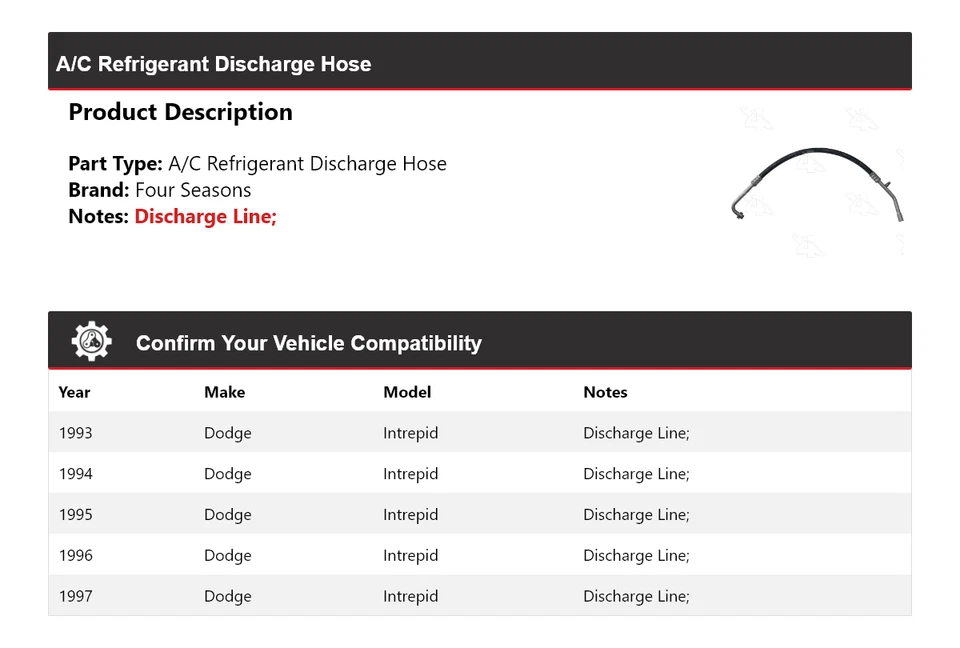 Manguera de descarga de refrigerante aire acondicionado Dodge Intrepid 1993-1997 4 estaciones 1994 1995 Foto 2 de 4