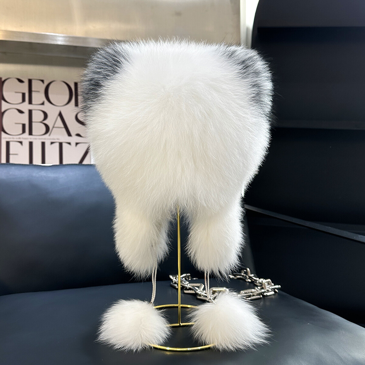 Lamb Leather Hat with Silver Fox Fur Ladies Silver Fox Fur & Black Leather Russian Military Hat  main image 2