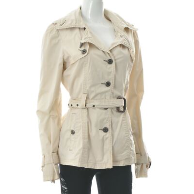 Khujo Women's Short Trench Coat Jacket Size L Large Beige Cream Belted