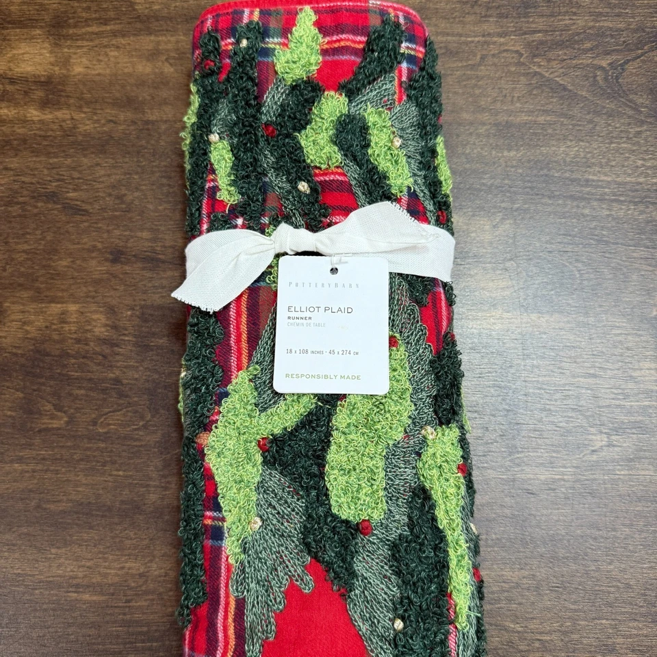 POTTERY BARN ELLIOT PLAID EMBROIDERED COTTON TABLE RUNNER, 18" x 108" ~ RED - Image 2 of 4