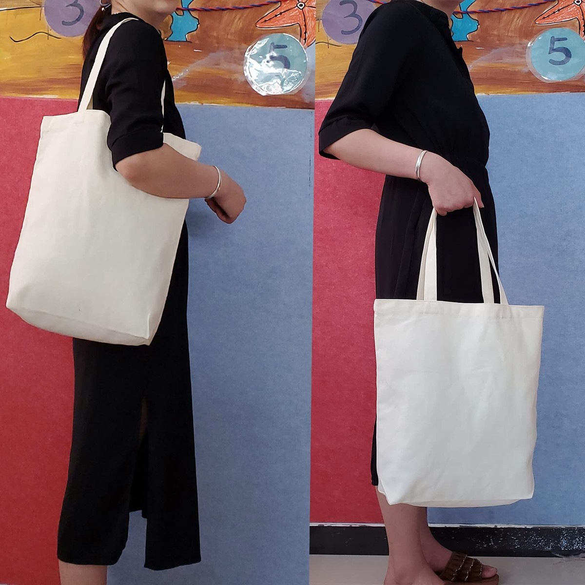 Set Of 5 Reusable Canvas Tote Bags – Natural Cotton, 7.8x11.8 Inches, Foldable, Beige, Small Grocery Shopping