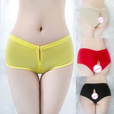 Womens Glossy See Through Zip Open Crotch Underwear Briefs Panties Underpants