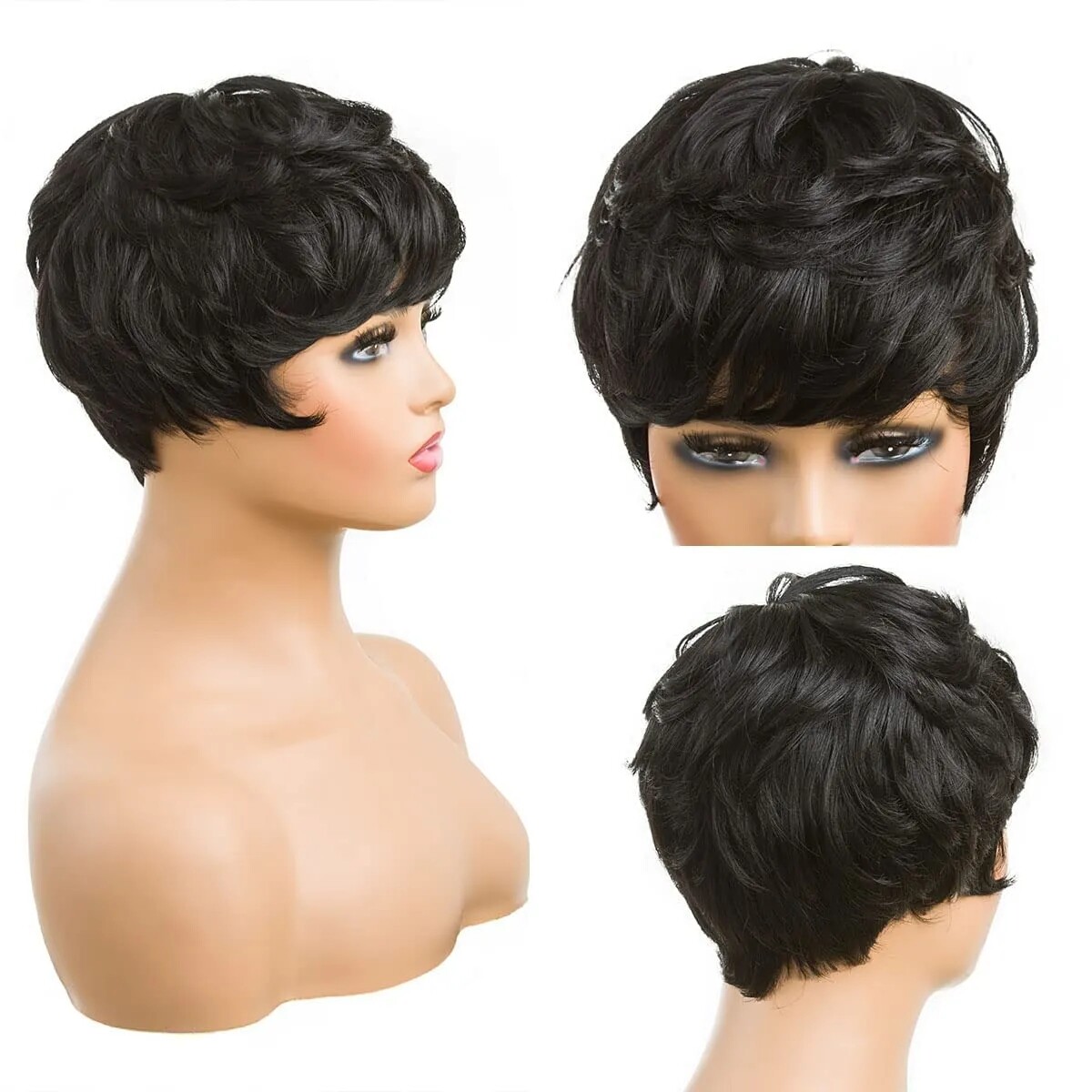 Short Curly Pixie Wig for Women Natural Fluffy Layered Cut Adjustable Cap Black Short Curly Wigs for white Women Shaggy Layered Black  main image 4