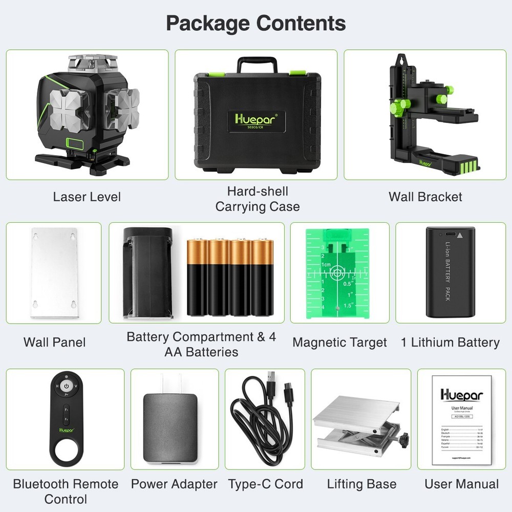 Huepar S04CG Green 4D 360 Laser Level Kit with Bluetooth & LP36 Telescopic Pole