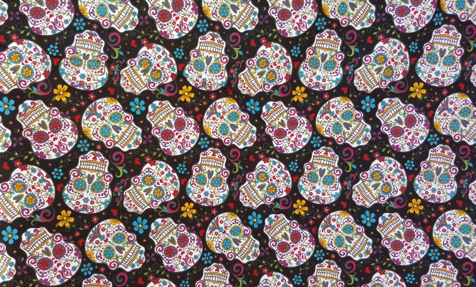 Black Cotton Fabric White Sugar Skull Calavera Dia De Muerto Day of Dead By Yard - Image 4 of 4