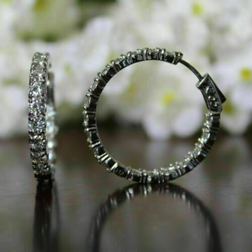 2Ct Round Lab-Created Diamond Women's Huggie Hoop Earring 14K White Gold Plated - Picture 3 of 3