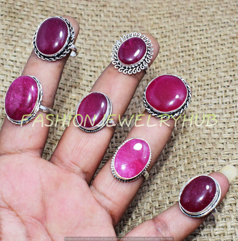 Lote de 5 anillos de moda hechos a mano étnicos de piedras preciosas de rubí simuladas FR-1567