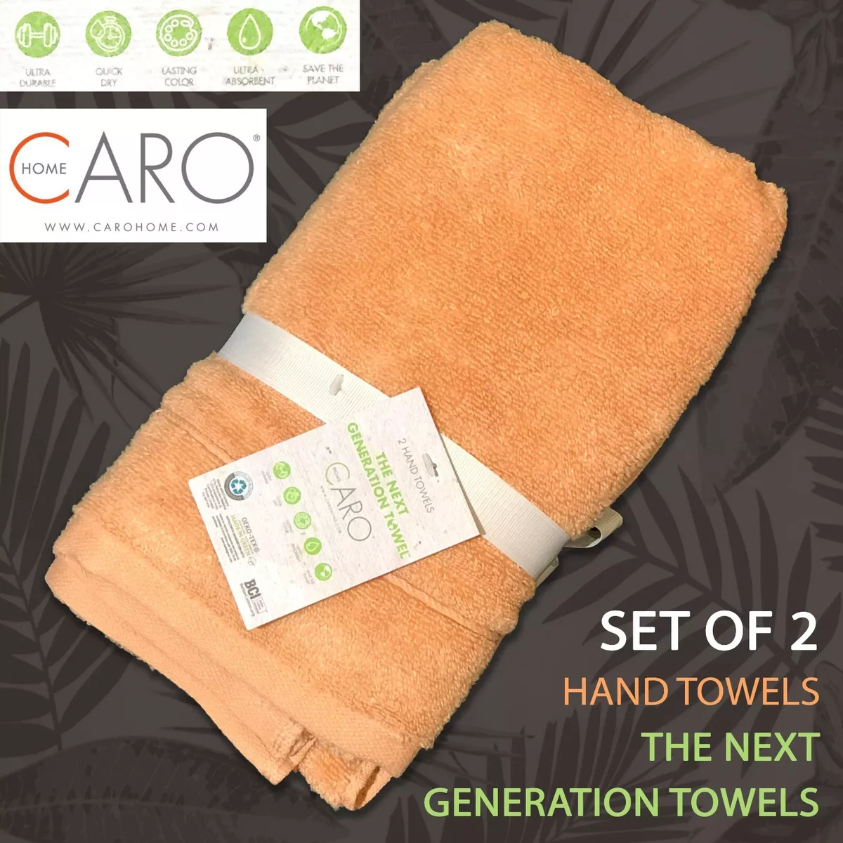 2-PK CARO HOME Next Generation Hand Towels Quick Dry Ultra Absorbent Soft  Peach