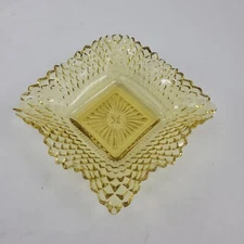 Vintage Yellow Gold Depression Glass Ruffled Square Trinket Dish Tray Bowl