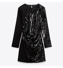 Zara Black Sequin Contrast Mini Dress Long Sleeve Side Ruching Size Small NWT  s
