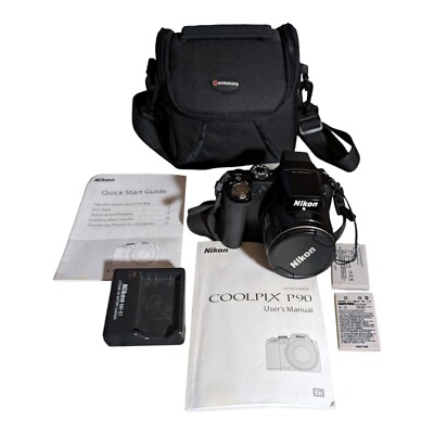 Nikon Coolpix P90 12.1MP Digital Camera 24x Zoom Flip Up LCD 4batteries/Charger+