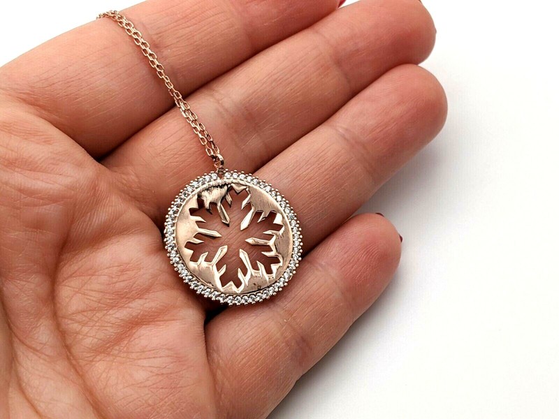 Womens 925 Sterling Silver Necklace Rose Gold White Zircon Snowflake Design 