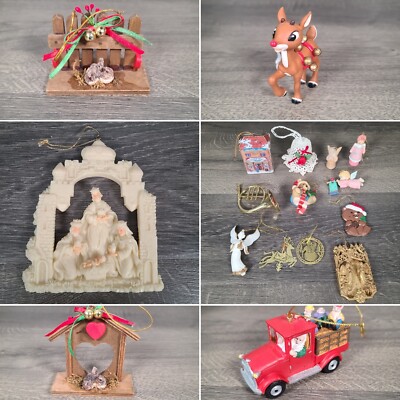 Lot of 14 Vtg Christmas Ornament Tin House Angel Horn Bear Bell Rudolph Reindeer