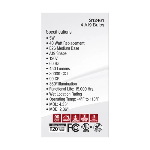 4 Pack Satco S12461 LED Filament 5W =40W A19 Medium E26 Clear 3000K Soft White - Picture 10 of 11