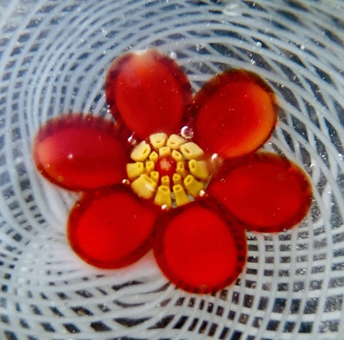 Vintage Chinese Red & Yellow Lampwork Flower Latticinio Glass Paperweight 3”W - Picture 3 of 10