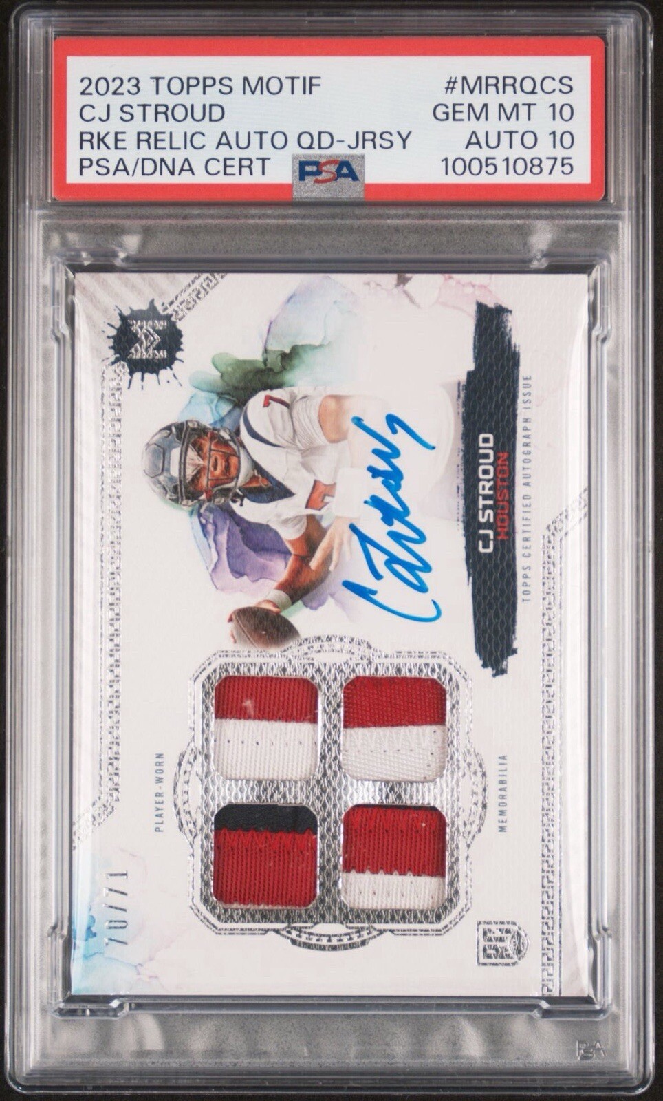 2023 Topps Motif C.J. Stroud Quad Jersey Auto Rookie /71 PSA 10 Auto 10 ON CARD