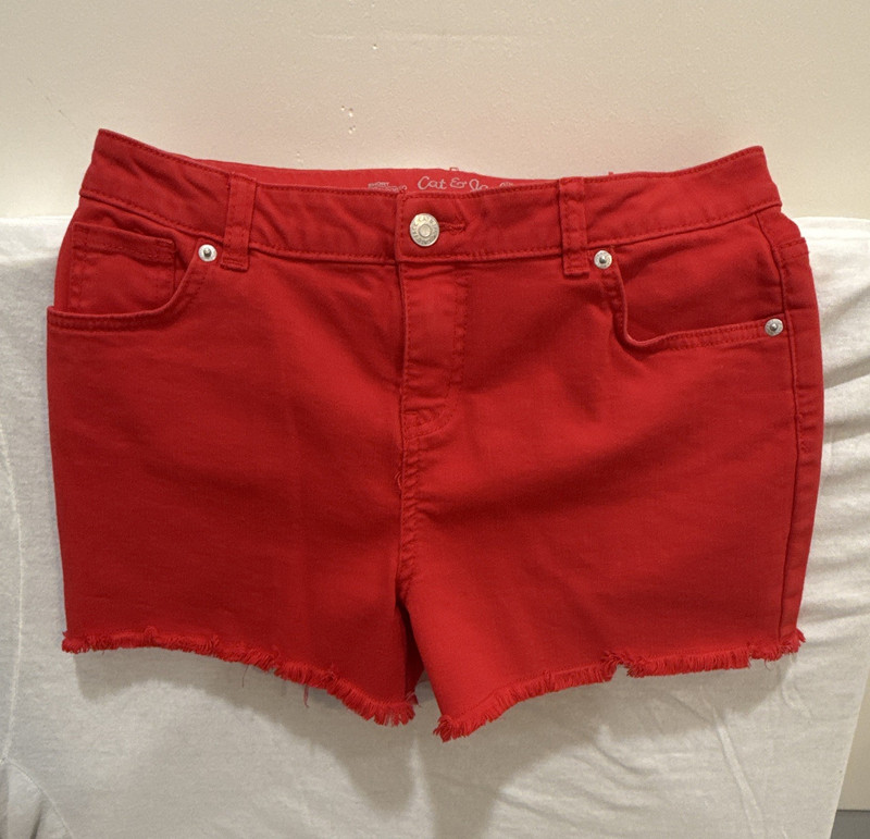 Cat & Jack Girls Red Denim Cut-Off Shorts XL (14/16) Stretch Pockets