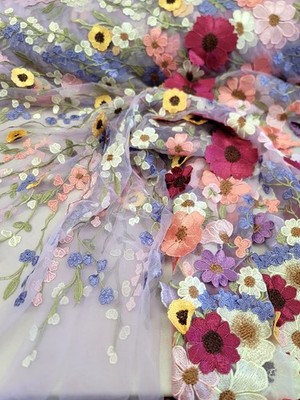 Multicolor Embroidery 3d Floral Lace Fabric By The Yard Lavender Mesh For Dress 