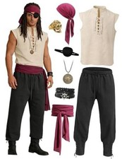 Mens Pirate Costume 8PCS Renaissance Sleeveless Shirt Ankle X-Large Khaki
