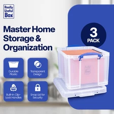 Really Useful Box 32 Liter Storage Container w/Snap Lock Handles, Clear (3 Pack)